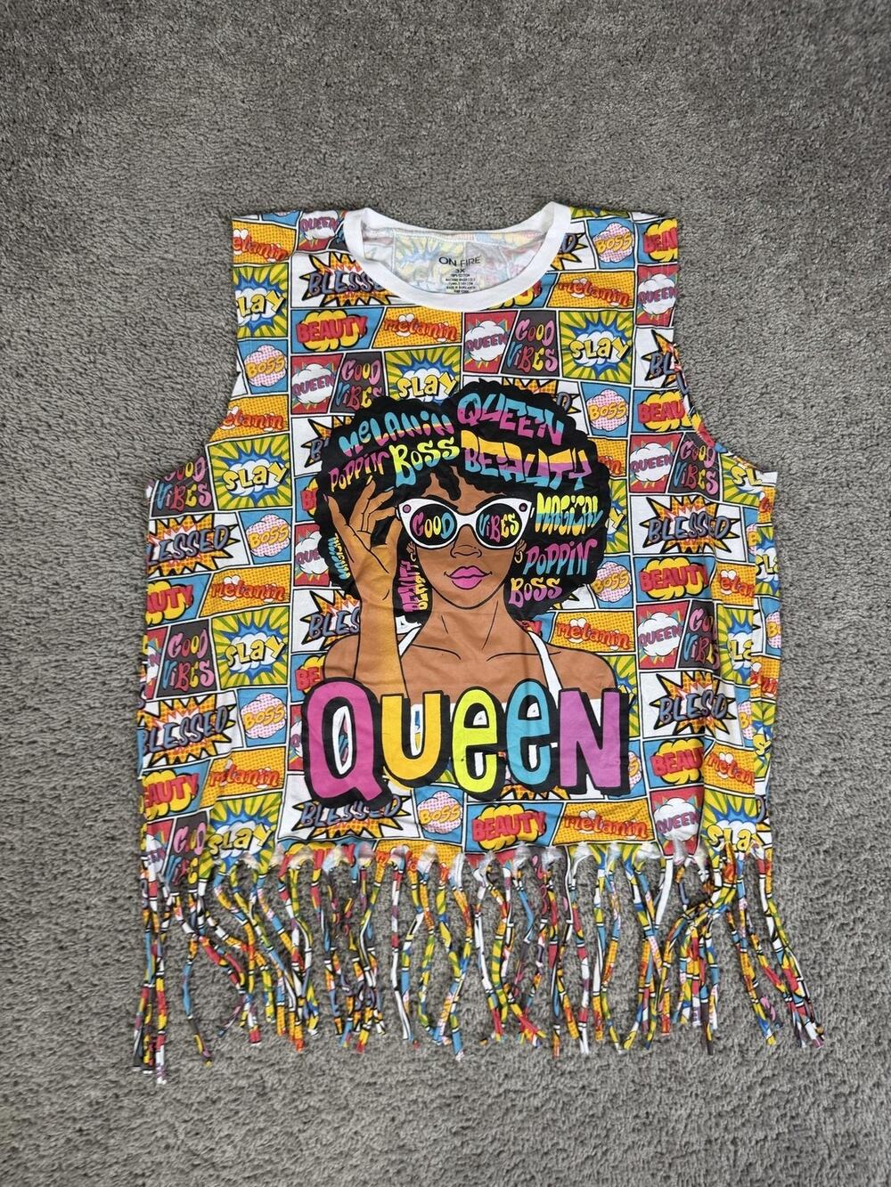 Onfire Tank Womens 3X Multicolor Queen Boss Fringe Tasseled 100% Cotton